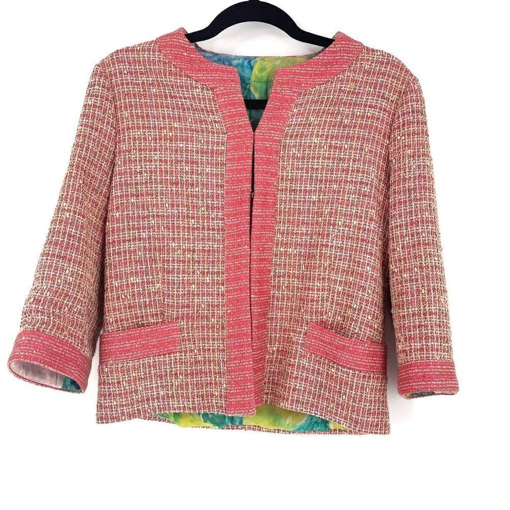 Jonofui Women's Tweed 3/4 Sleeve‎ Lined Blazer Jacket Pink Medium Silk lining